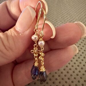 Handcrafted Wire Wrapped Gold Pearl and Blue Teardrop Dangle Earrings
